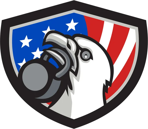 Bald Eagle Lifting Kettleball USA flagga sköld retro — Stock vektor