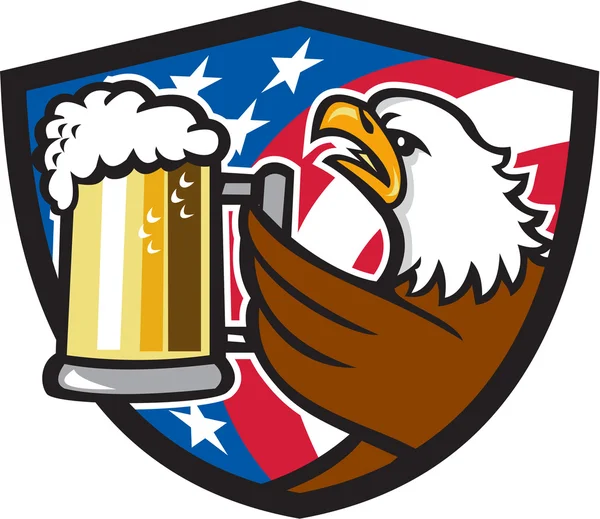 Bald Eagle Hoisting Beer Stein USA Flag Crest Retro — Stock Vector