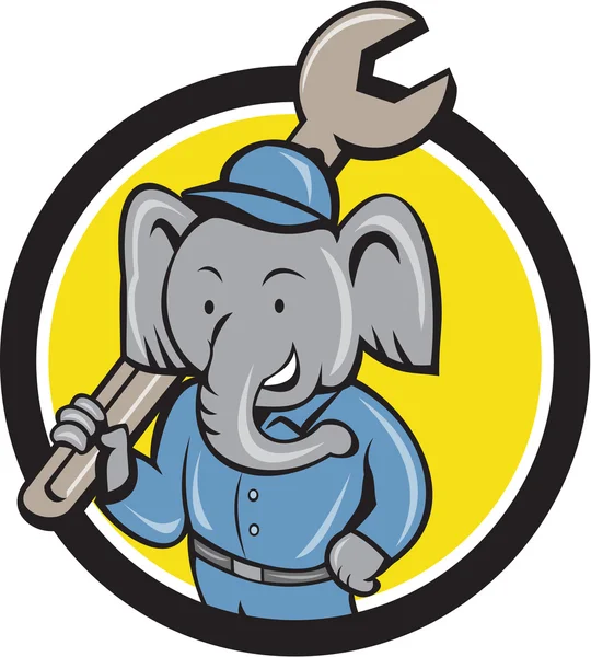 Elefante mecánico Spanner hombro círculo dibujos animados — Vector de stock