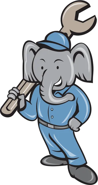 Elefant Mechaniker Schraubenschlüssel stehend Karikatur — Stockvektor