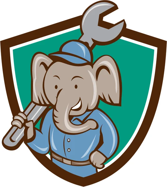 Elefant Mechaniker Schraubenzieher Schulter Wappen Karikatur — Stockvektor