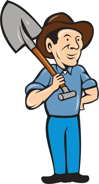 Farmer Shovel Shoulder Standing Cartoon — Stock Vector