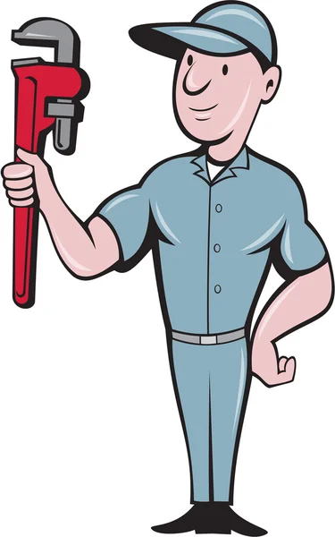 Handyman Llave de mono de pie de dibujos animados — Vector de stock