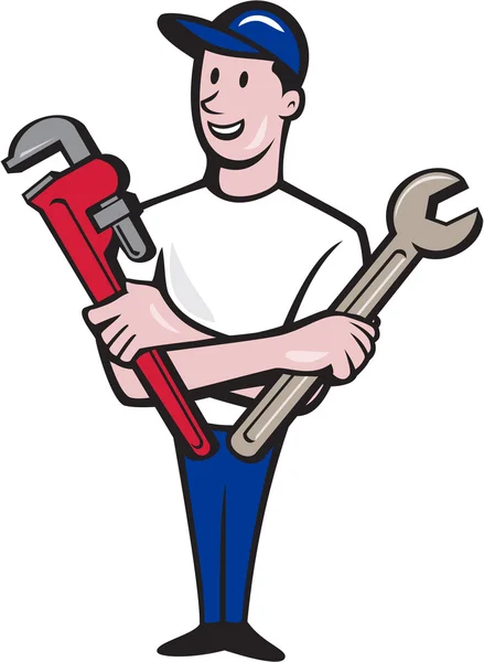 Klusjesman Spanner Monkey Wrench Cartoon — Stockvector