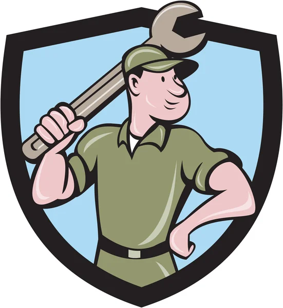 Monteur zwaaiende Spanner Crest Cartoon — Stockvector