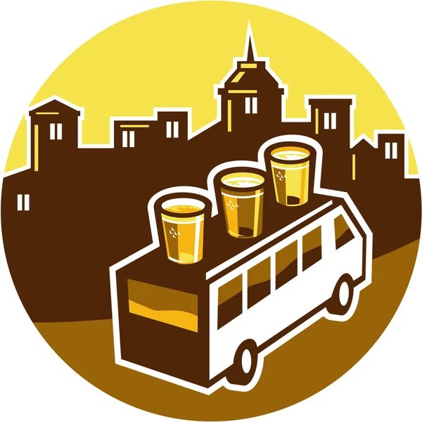 Beer Flight Glass On Van Buildings Circle Retro — Stock Vector