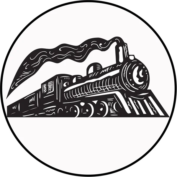 Locomotiva treno a vapore in arrivo Circle Woodcut — Vettoriale Stock