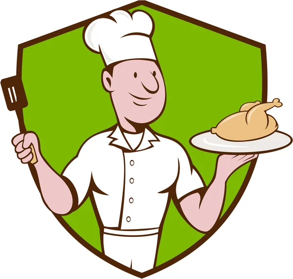 Chef Cook assado frango Spatula Crest Cartoon — Vetor de Stock