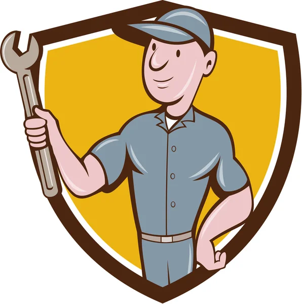 Handyman segurando Spanner Crest Cartoon — Vetor de Stock