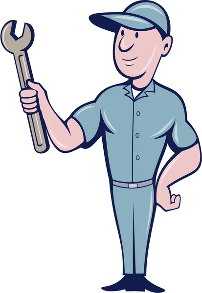 Handyman celebración de la llave de dibujos animados — Vector de stock