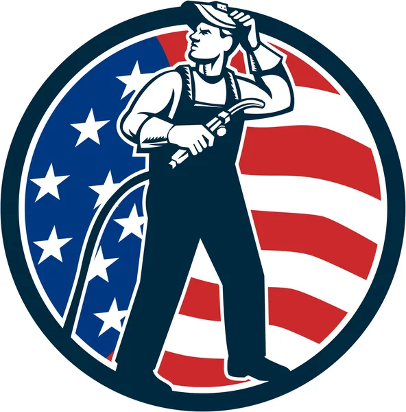 Welder Standing Visor Up USA Flag Circle Retro — Stock Vector