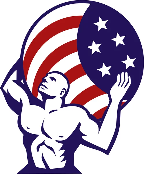 Atlas trägt Globus USA Flagge Retro — Stockvektor