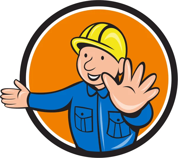 Builder Hand Stop Signal Circle Cartoon — Stock Vector