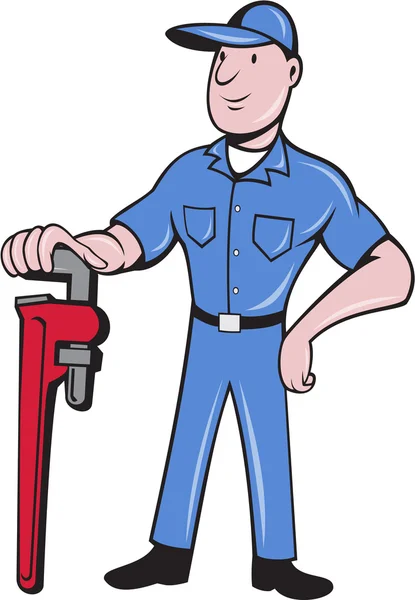 Plumber Standing Pipe Wrench Cartoon — Stock Vector