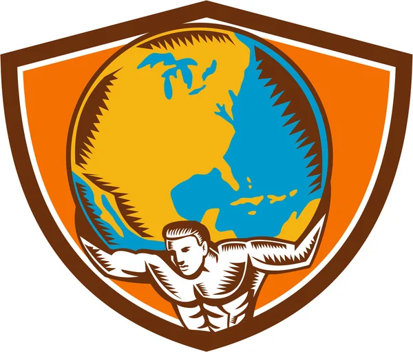 Atlas Cargando Globe Crest Woodcut — Vector de stock