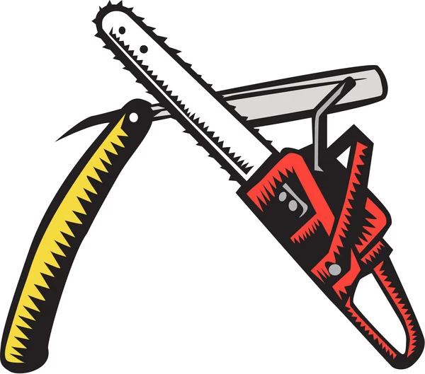 Chainsaw scheermes gekruist houtsnede — Stockvector