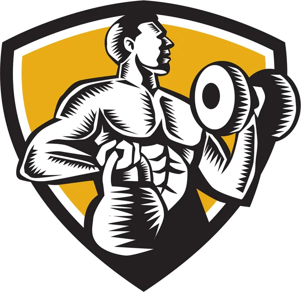 Athlete Lifting Kettlebell Dumbbell Crest Woodcut — Stock Vector