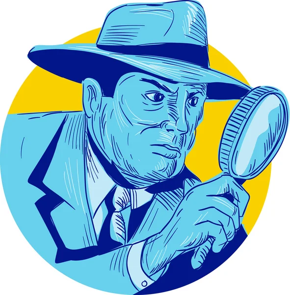 Detektiv drží lupy kruh výkresu — Stockový vektor