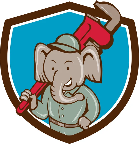 Elephant Plumber Monkey Wrench Crest Cartoon — Stock Vector