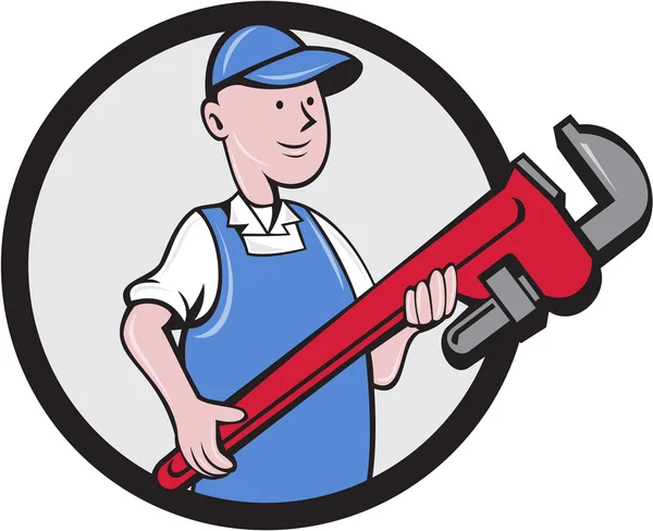 Monteur rustplaats Pipe Wrench cirkel Cartoon — Stockvector