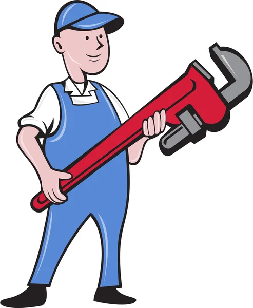 Mechanic Cradling Pipe Wrench Cartoon — Stock Vector