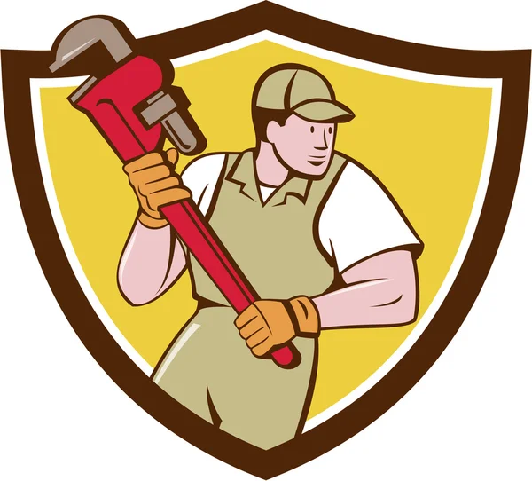 Plumber Holding Pipe Wrench Crest Cartoon — Stock Vector