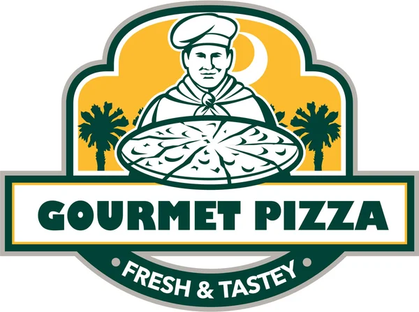 Gourmet Pizza Chef Palmetto Árboles Escudo Retro — Archivo Imágenes Vectoriales