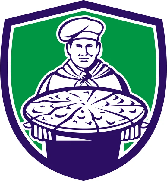 Chef cuisinier servant Pizza Crest rétro — Image vectorielle