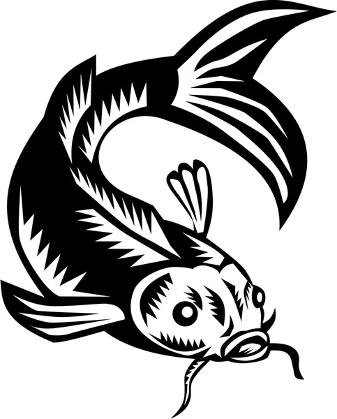 Koi Nishikigoi Carpa de pescado Woodcut — Archivo Imágenes Vectoriales