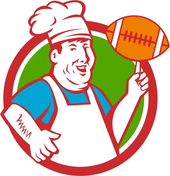 Fat Chef Cook Twirling Football Circle Retro — Stock Vector