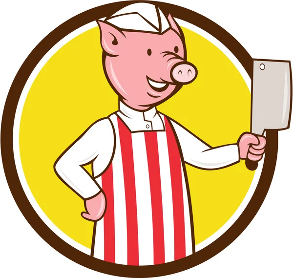 Carnicero cerdo celebración de carne Cleaver Círculo de dibujos animados — Vector de stock