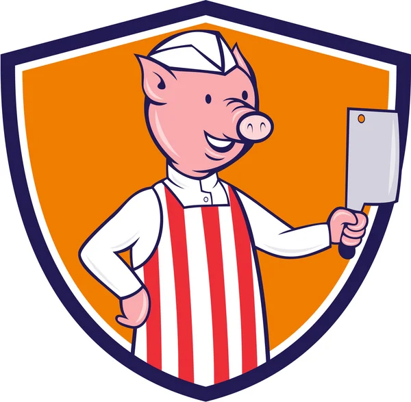 Butcher Pig Holding Meat Cleaver Crest Cartoon — Stock Vector