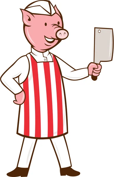 Carnicero cerdo celebración de carne Cleaver dibujos animados — Vector de stock