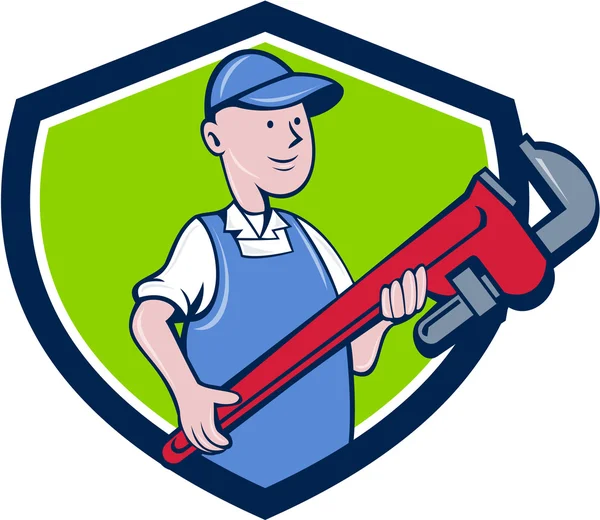 Mechanic Cradling Pipe Wrench Crest Cartoon — Stock Vector