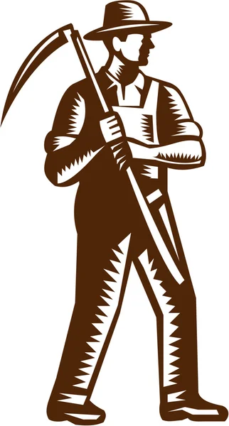 Granjero ecológico Holding Scythe Woodcut — Vector de stock