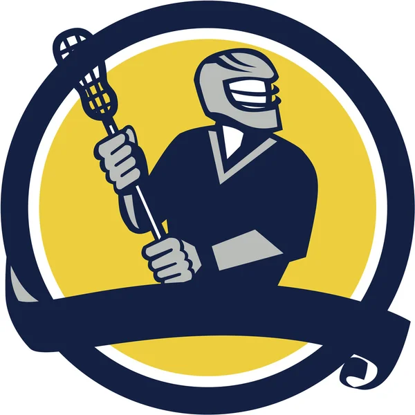 Lacrosse Player Ribbon Circle Retro Vector Graphics