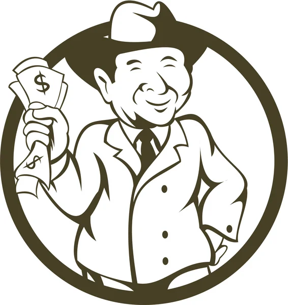 Homme d'affaires Fedora Chapeau billets de banque Circle Cartoon — Image vectorielle