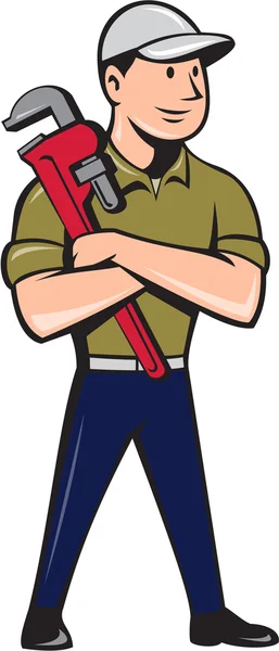 Plumber Arms Crossed Standing Cartoon — Stock Vector