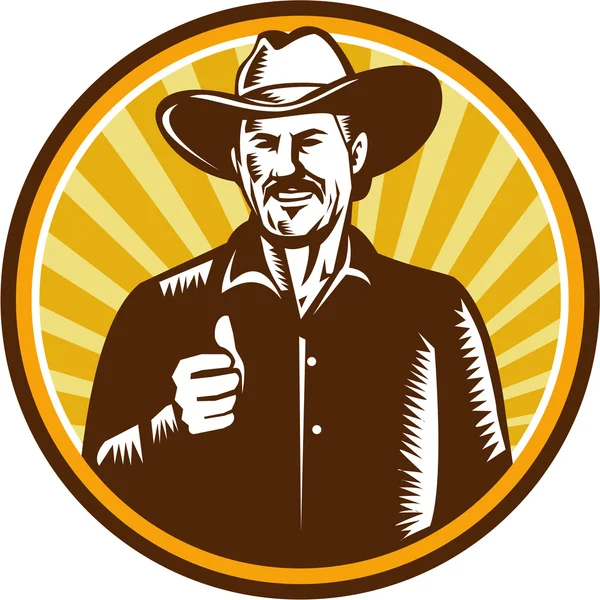 Cowboy Thumbs Up Sunburst cirkel houtsnede — Stockvector