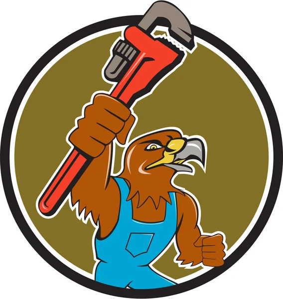 Hawk Plumber Wrench Circle Cartoon — Stock Vector