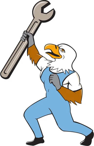 Mecânico careca águia Spanner em pé Desenhos animados — Vetor de Stock