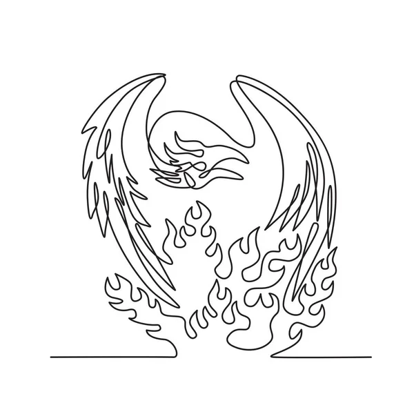 在以素描或涂鸦黑白风格绘制的火前景上 用连续线条画出凤凰的图解 凤凰是一种循环再生或重生的神话鸟类 — 图库矢量图片