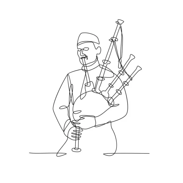 バグパイプを演奏するスコットランドのバグパイプの連続線画 スケッチやドアスタイルで空気のフロントビューの一定の貯水池から供給された密閉葦を使用した木管楽器 — ストックベクタ