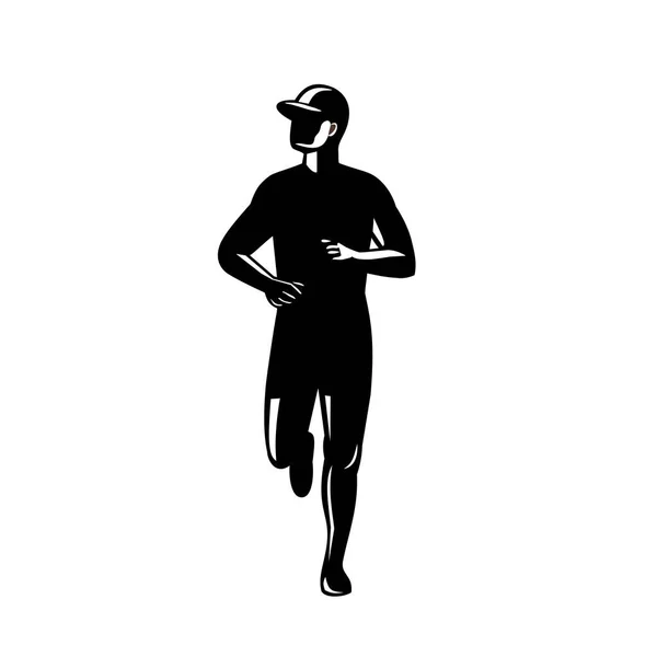 复古风格的黑白插图 描绘了一个国家马拉松长跑运动员的轮廓 从正面看 有着孤立的白色背景 — 图库矢量图片
