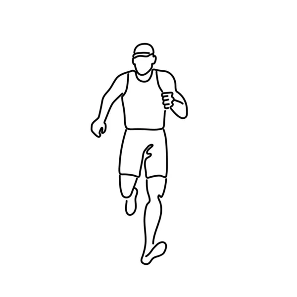 Black White Line Drawing Illustration Male Marathon Runner Running Viewed — Stock Vector