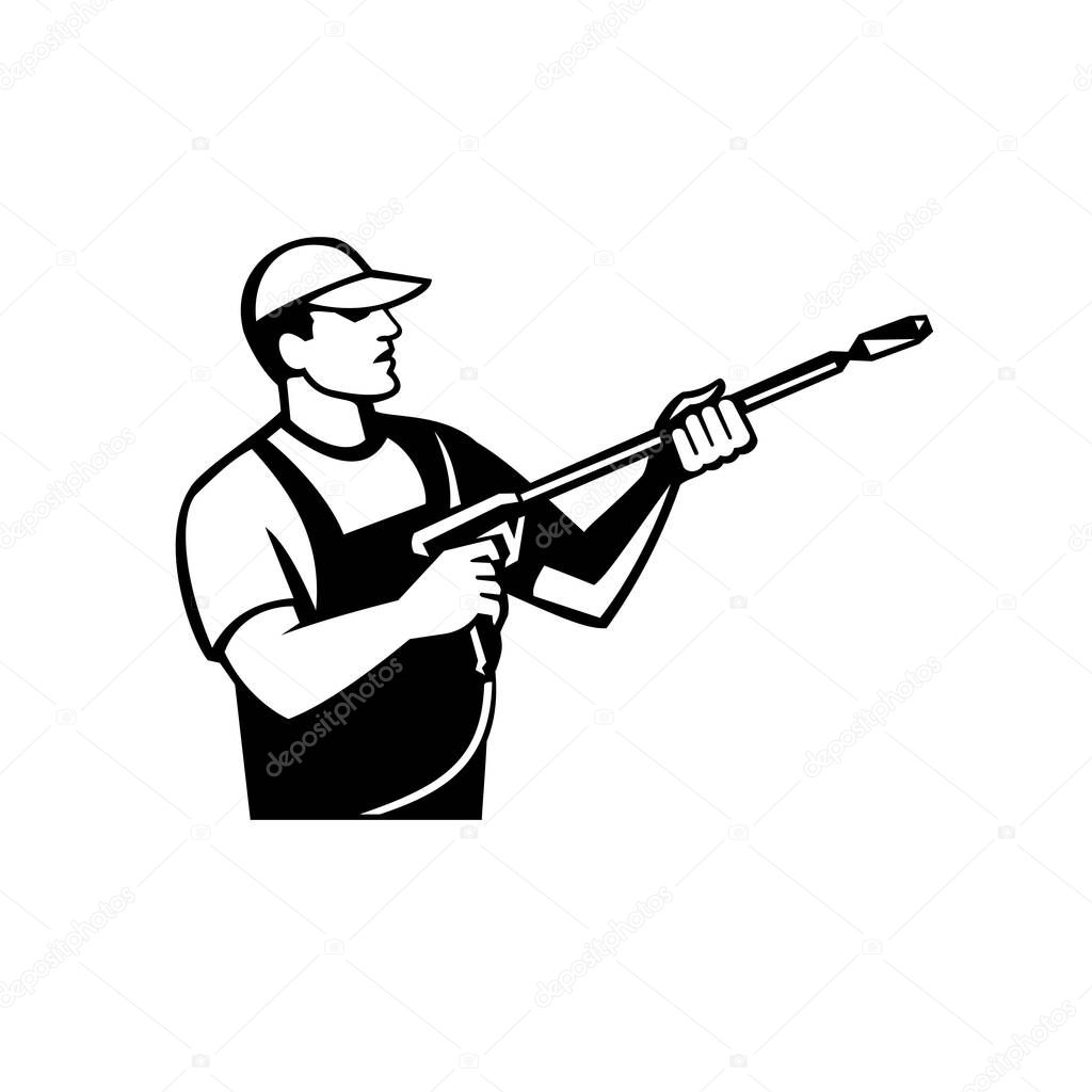 Illustration of a worker with water blaster pressure power washing sprayer spraying viewed from side done in retro black and white style.