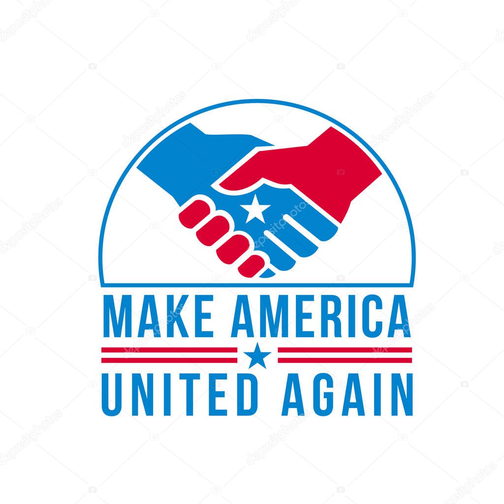 Retro style illustration of two American hands in a firm friendship handshake with USA star in the center and words Make America United Again on isolated background done in United States red and blue.