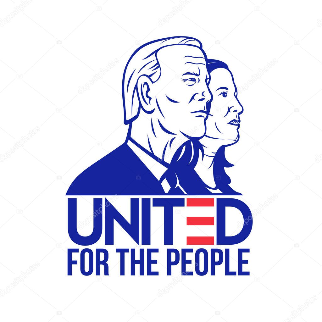 Nov 9, 2020, AUCKLAND, NEW ZEALAND: Illustration of 46th American president and vice president  Democrat Joe Biden and Kamala Harris viewed from side with words United For the People done retro style.