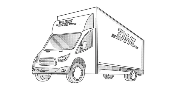 Illustrazione Grafica Linea Dhl Furgone Consegna Visto Lato Angolo Basso — Foto Stock