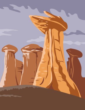 WPA poster art of the Ah-Shi-Sle-Pah Wilderness in San Juan County, New Mexico, a multicolored badlands and sandstone hoodoos done in works project administration or federal art project style. clipart
